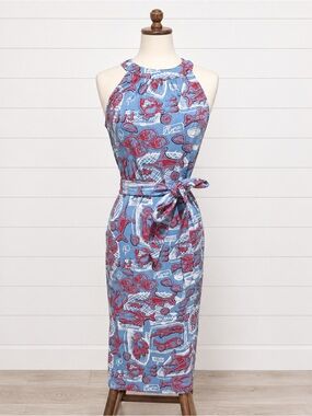 Talbots Blue Halter Midi Dress with Red Print